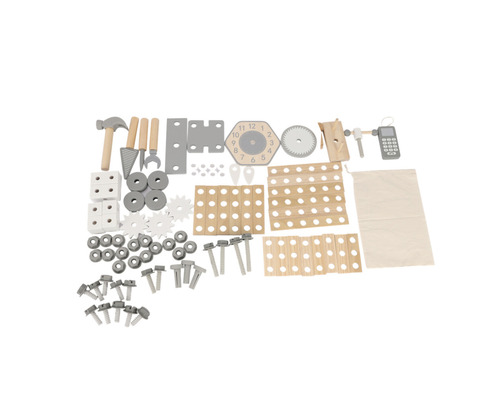 Träbyggsatser med verktyg, skruvar, muttrar och konstruktionselement