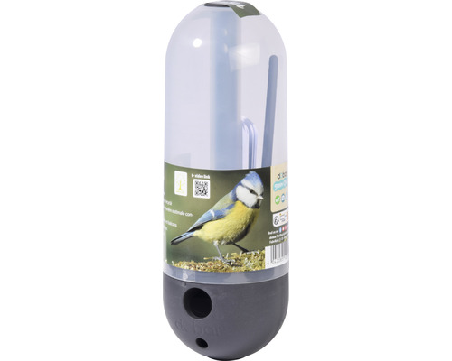 Fågelmatare med transparent behållare och rund öppning