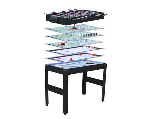 Multifunktionellt spelbord med olika spelplaner för bordsfotboll, schack, backgammon, biljard, hockey med mera.