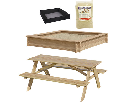 Sandlåda & picknickbord NORDIC PLAY lärk 150x150cm inkl. nät & 200kg sand