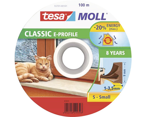 Tätningslist TESA Dörr/fönster E-list brun 100m9x4mm Tesa Moll Classic E-profil tätning, 100 m rulle