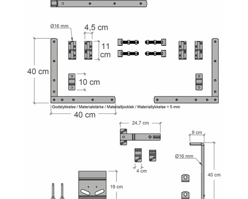 Teknisk ritning av grindbeslag med måttangivelser