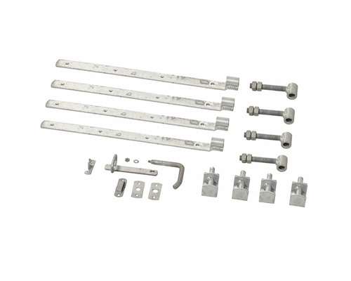 Komplett grindgångjärnsats för trägrindar, bestående av gångjärn, beslag och spärr