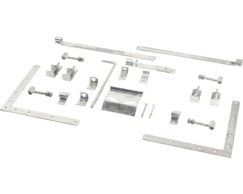 Metallbeslagssats för grindar med diverse beslag för installation av grindar