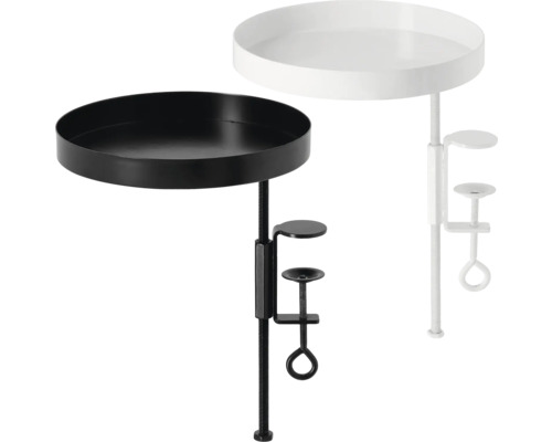 Två klämma bord i svart och vitt med runda bordsskivor.