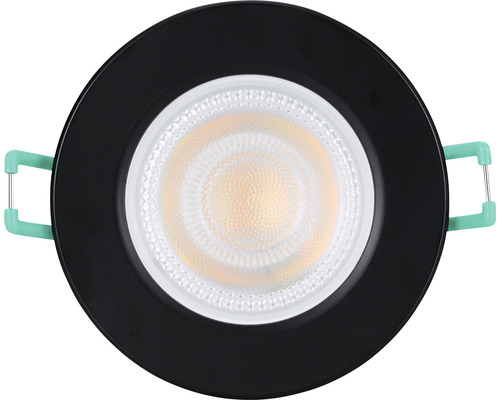 Infälld spotlight med rund, svart bländskydd och LED-lampa