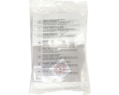 Plastpåse med flerspråkiga varningar