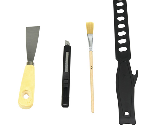 Verktygsset bestående av spackel, mattkniv, pensel och färgroller