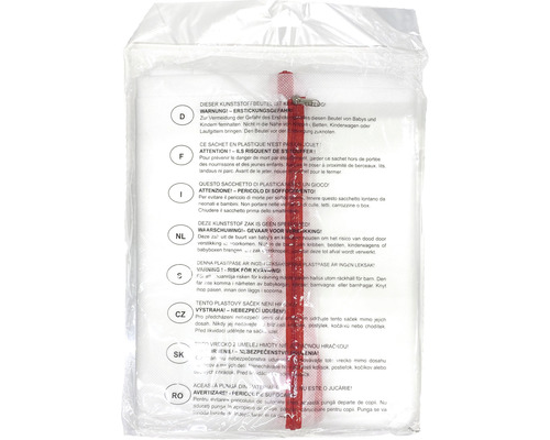 Plastpåse med varningar om kvävningsrisk