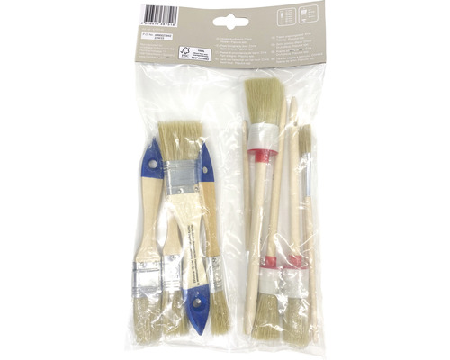 Penselset med diverse penslar och trähandtag i en transparent förpackning