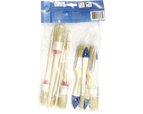 Penselset i foliepåse, bestående av platta penslar och ringpenslar