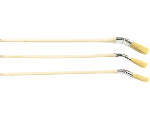 Tre elementpenslar med trähandtag och vinklade borstar