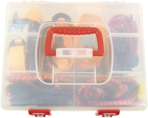 Sortimentslåda med spännband och expanderkablar