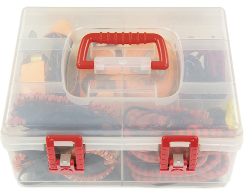 Sortimentslåda fylld med spännband och tillbehör