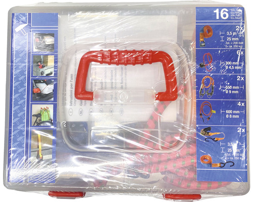 Set med 16 bagagespännare i olika längder i förvaringslåda