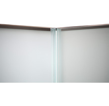 Detaljvy av en duschkabin med glas och ram