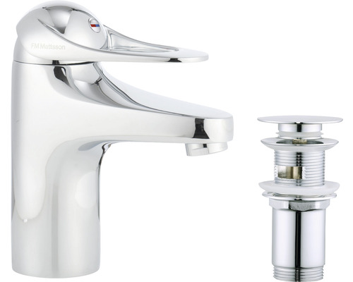 Tvättställsblandare FM MATTSSON 9000E II krom blank med push-down ventil 80635000 Tvättställsblandare med bottenventil