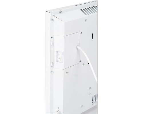 Detaljvy av en vit radiator med sidomonterad strömbrytare och strömkabel