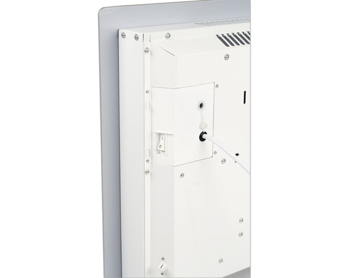 Detaljvy av baksidan av ett element med strömbrytare och kabelanslutning