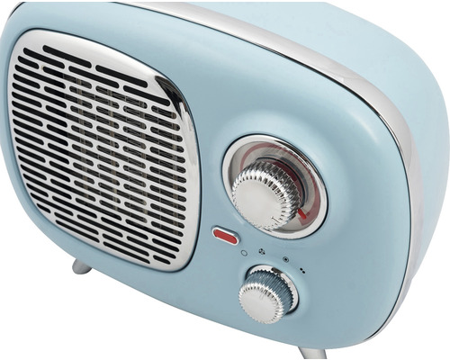 Blå värmefläkt i retrodesign med vridreglage