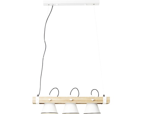 Pendellampa med tre lampskärmar av trä och metall