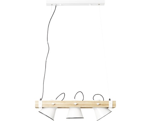 Taklampa med tre spotlights och träbjälke