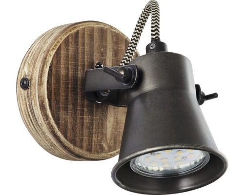 Vägglampa med träsockel och justerbar metallstrålkastare