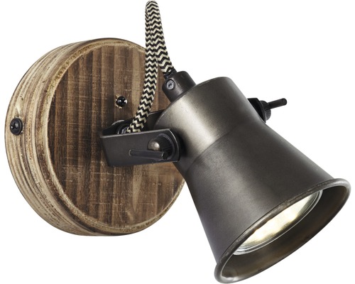 Väggspotlight med träsockel och metalldetaljer