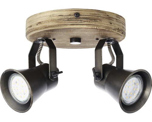 Taklampa med två spotlights, trä och metall
