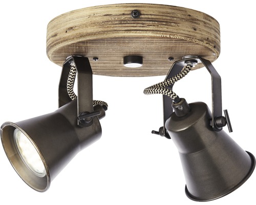 Taklampa med två spotlights och trädetaljer