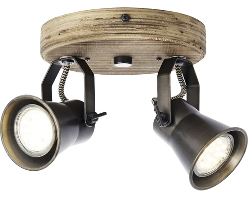 Taklampa med två spotlights och träapplikation