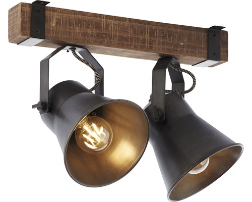 Taklampa med två spotlights och träbalk