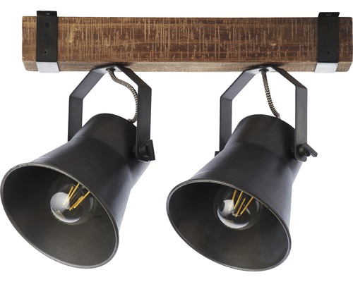 Taklampa med två spotlights och träbalk