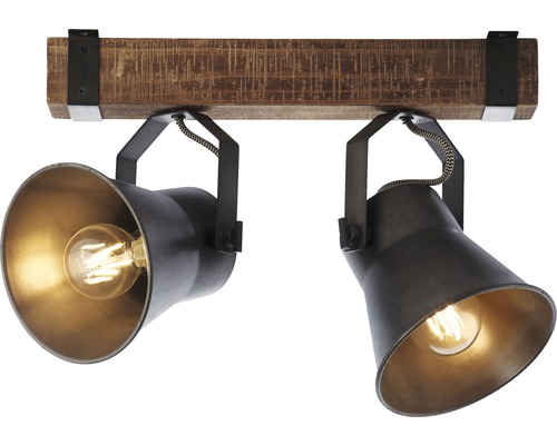 Taklampa med två spotlights av metall och träbjälke