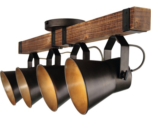 Taklampa med fyra spotlights i trä och metall