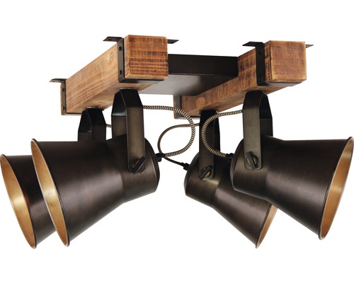 Taklampa med fyra spotlights och träbjälkar