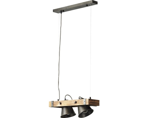 Taklampa med två spotlights och träbjälke