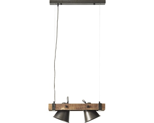 Pendellampa med två spotlights och träbalk