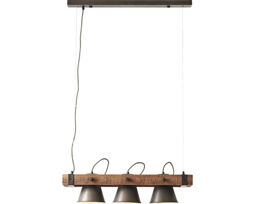 Taklampa med tre lampor och träbjälke