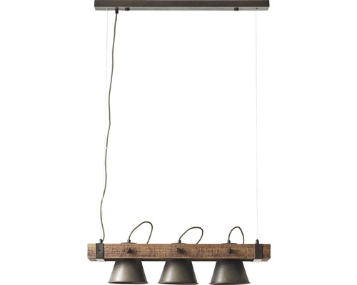 Pendellampa med tre lampor och träbjälke