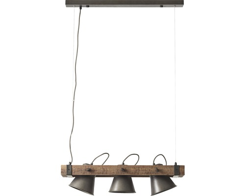 Pendellampa med tre lampor och träbjälke
