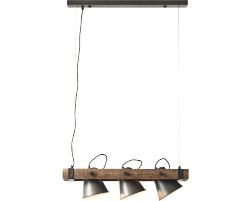 Pendellampa med tre lampor och träbalk