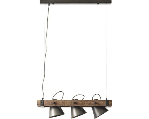 Pendellampa med tre spotlights på träbjälke