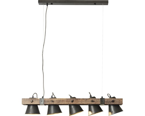 Pendellampa med fem spotlights och träbjälke
