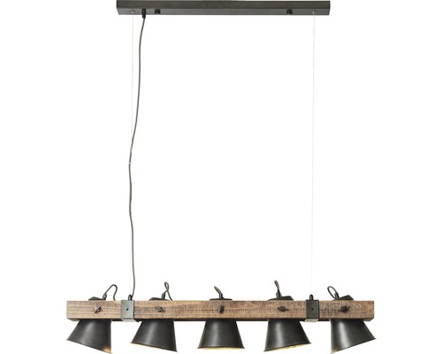 Taklampa med träbalk och fem lampskärmar