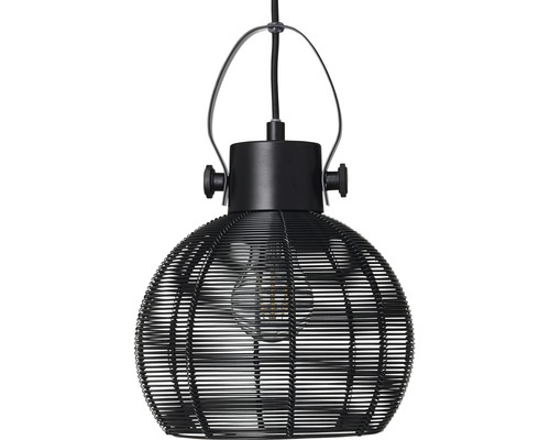 Svart hänglampa med trådnät och glödlampa