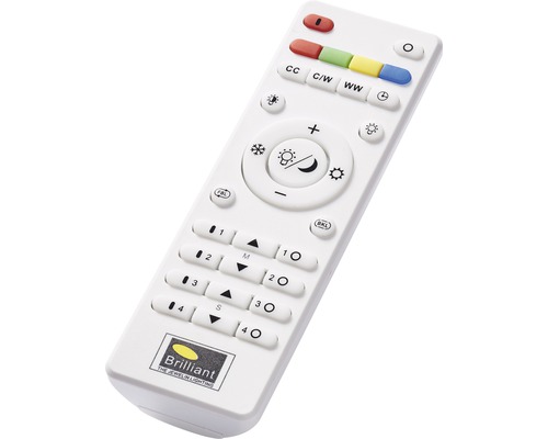 Fjärrkontroll för lampor med flera knappar och Brilliant logotyp