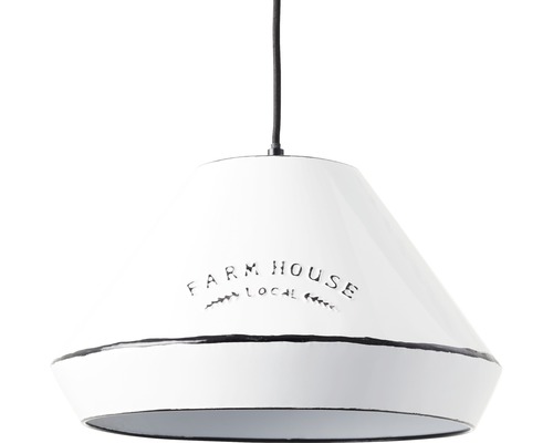 Vit hänglampa med texten Farm House Local