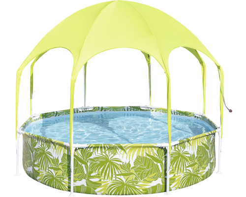 Rund pool med bladmönster och solskydd