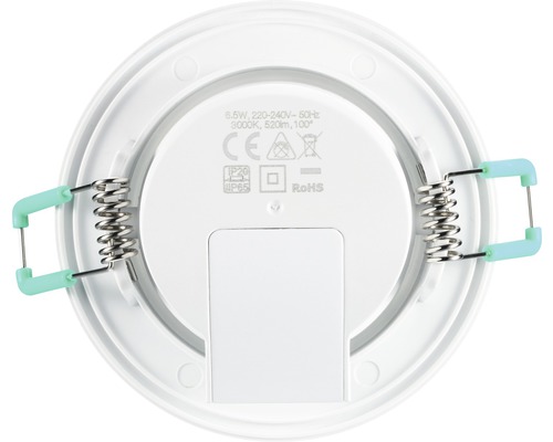 Baksida av LED-downlight med teknisk data, fjädrar och IP65 skyddsklass